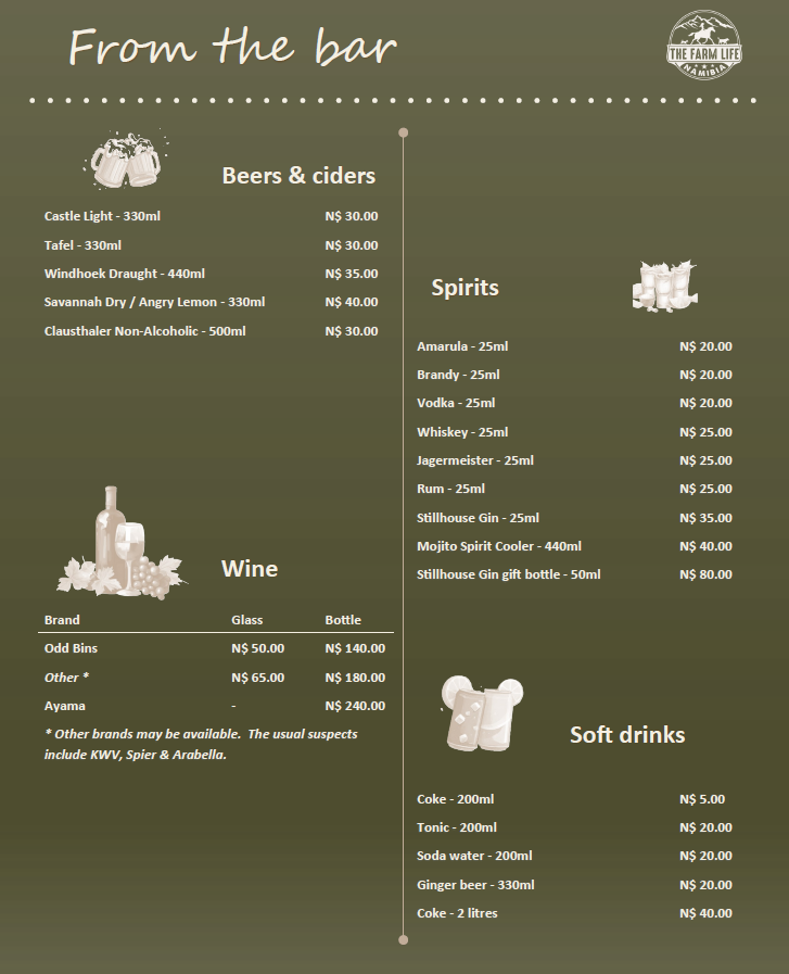 Drinks menu from the bar